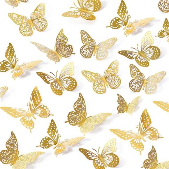3D Butterfly Wall Decor 48 Pcs Gold Butterfly Decorations for Butterfly Birthday - Picture 1 of 6